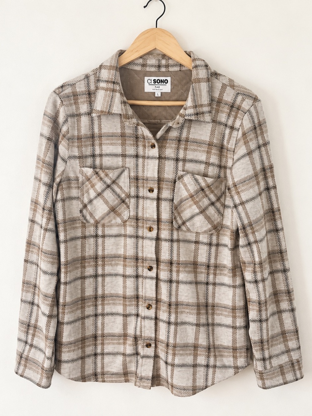 CI SONO Plaid Shacket Overshirt Cream Taupe Button Up Size L